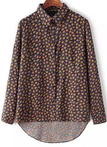 Romwe Navy Long Sleeve Floral Dipped Hem Blouse