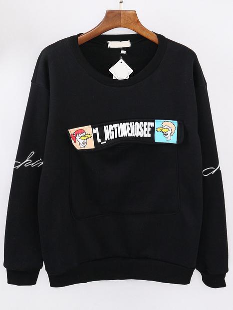 Romwe Letter Embroidered Pocket Black Sweatshirt