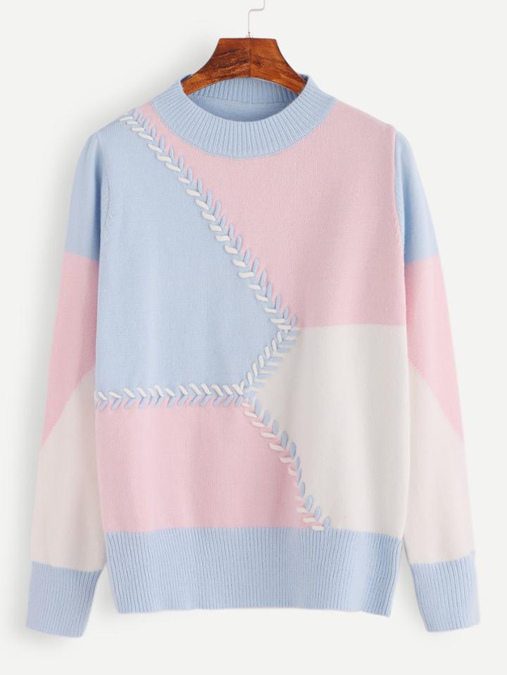 Romwe Color Block Crew Neck Sweater With Stitch Detail