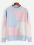 Romwe Color Block Crew Neck Sweater With Stitch Detail