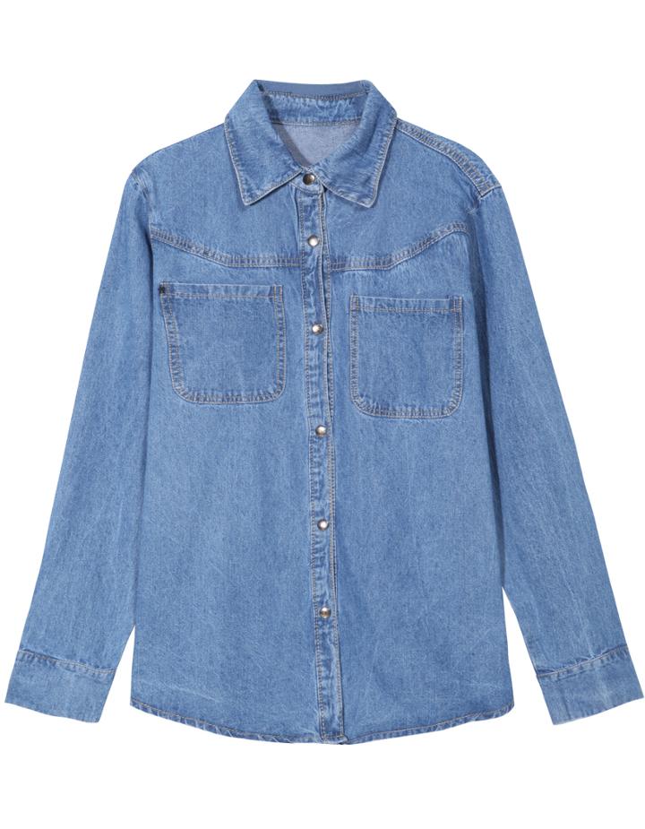 Romwe Lapel Long Sleeve Buttons Denim Blouse