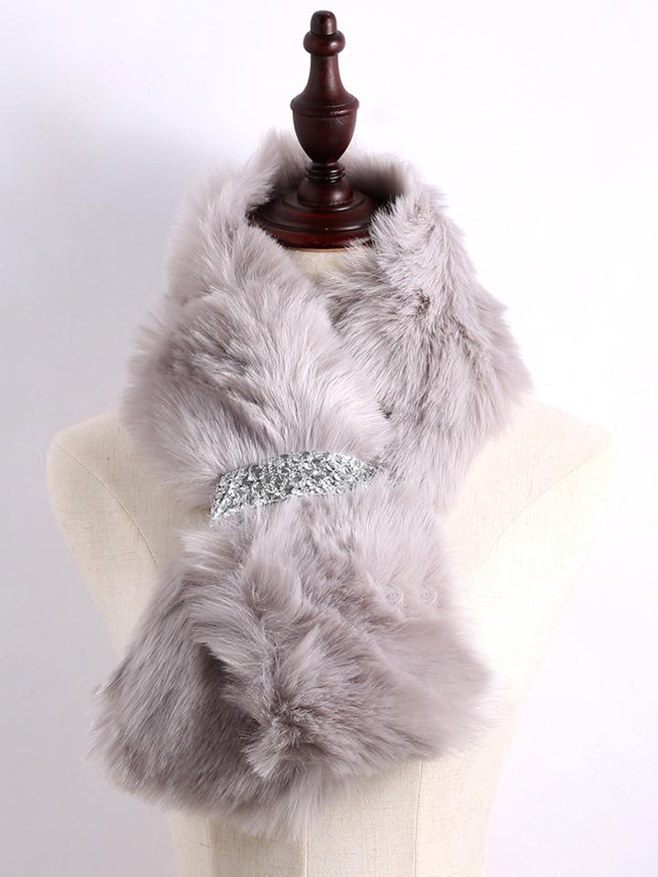 Romwe Silver Sequin Tie-up Grey Faux Fur Stole