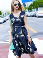 Romwe Navy V Neck Sleeveless Print Drawstring Dress