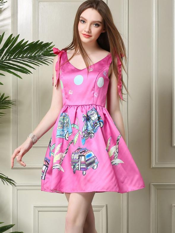 Romwe V Neck With Bow Car Print Flare Dress