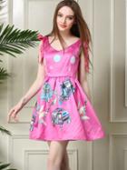 Romwe V Neck With Bow Car Print Flare Dress