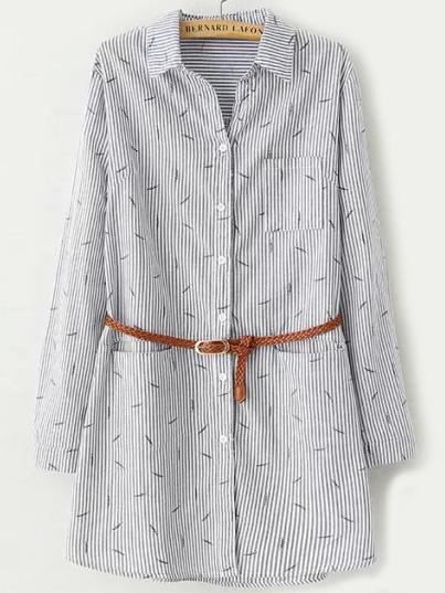 Romwe Pinstriped Leaves Print Black Blouse With Belt