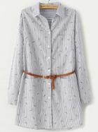 Romwe Pinstriped Leaves Print Black Blouse With Belt