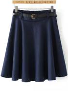 Romwe Pleated Belt Navy Skirt