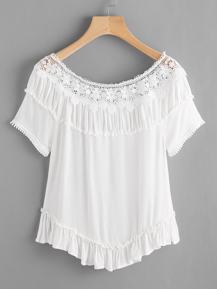 Romwe Crochet Panel Frill Hem Blouse