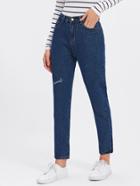 Romwe Letter Embroidered Ankle Jeans