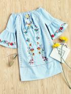 Romwe Symmetric Embroidery Trumpet Sleeve Lace Insert Bardot Dress