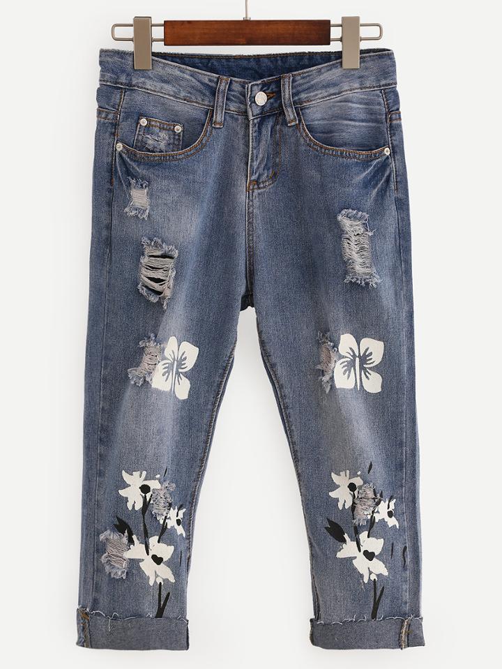 Romwe Ripped Flower Print 3/4 Length Jeans - Blue