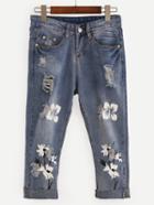 Romwe Ripped Flower Print 3/4 Length Jeans - Blue