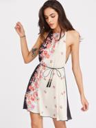 Romwe Floral Print Low Side Racer Cami Dress With Belt