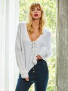 Romwe V Neckline Lace Up Front Sweater