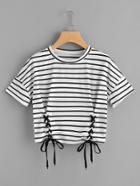 Romwe Striped Grommet Lace Up Dropped Shoulder Top