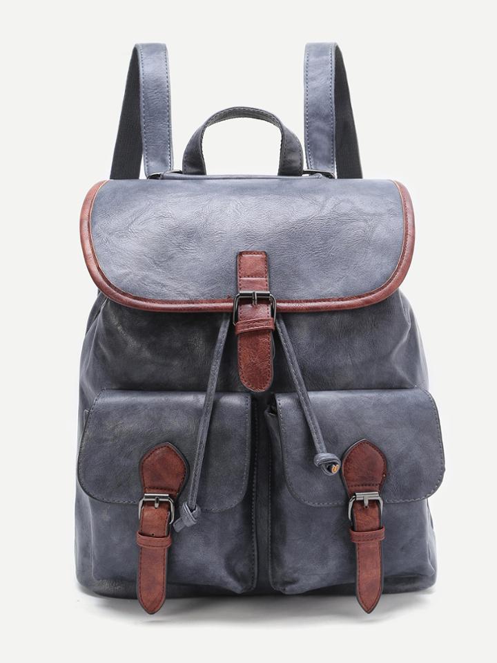 Romwe Grey Contrast Trim Buckle Design Pu Backpack