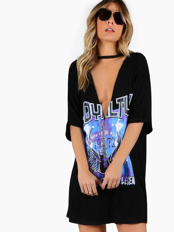 Romwe Plunging Choker Neck Graphic Tee Dress