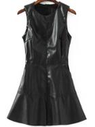 Romwe Sleeveless Zipper Pu A-line Black Dress