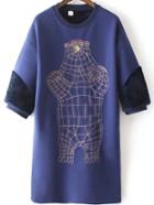 Romwe Bear Embroidered Thicken Long Royal Blue Sweatshirt