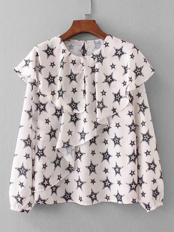 Romwe Star Print Flounce Blouse