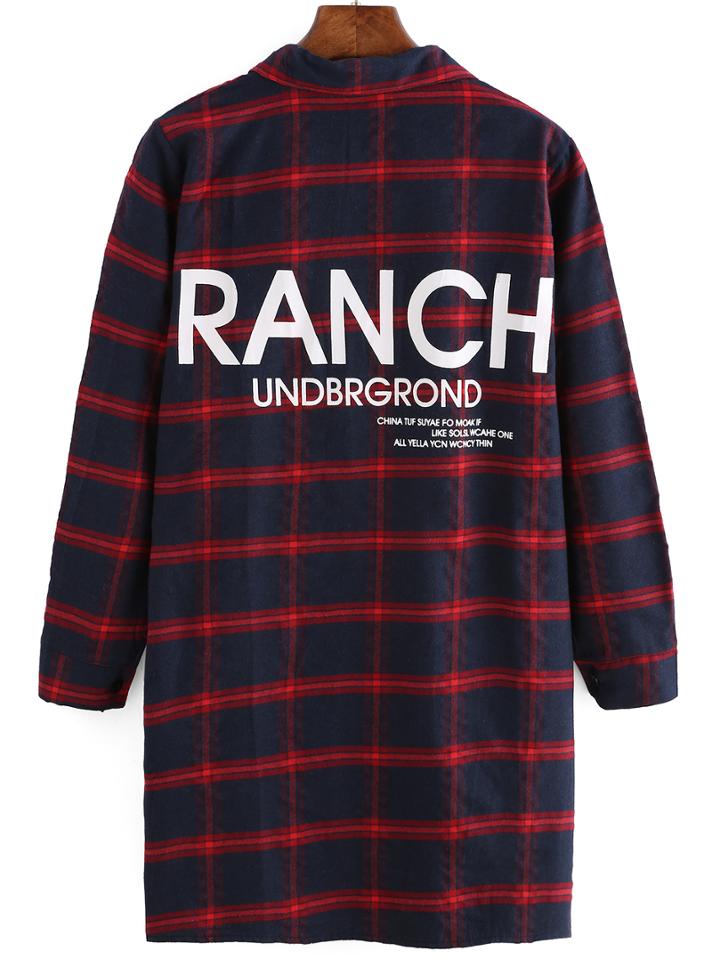 Romwe Letter Print Plaid Blouse
