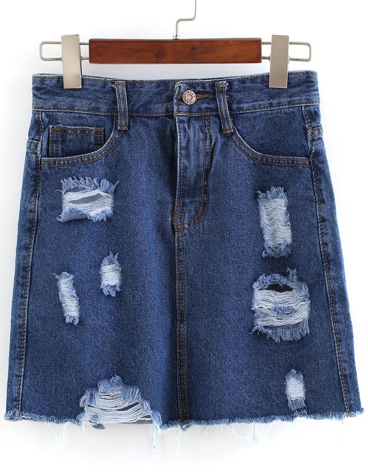 Romwe Ripped Bodycon Denim Skirt