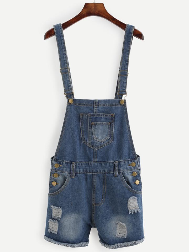 Romwe Blue Ripped Raw Hem Overall Denim Shorts