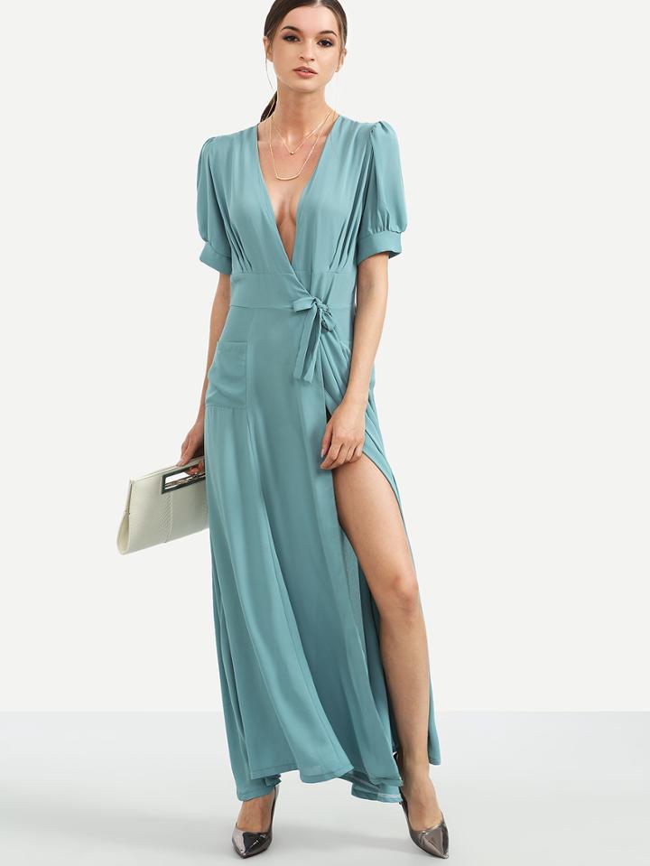 Romwe Blue Deep V Neck Wrap Long Dress