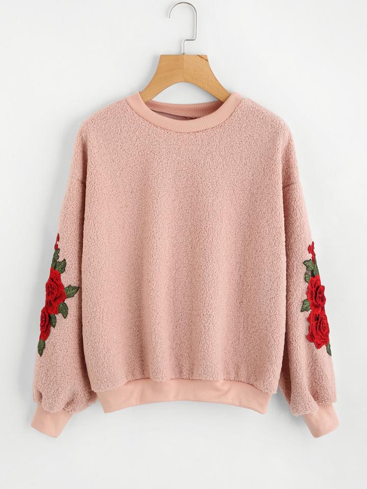 Romwe 3d Embroidered Applique Faux Shearling Pullover