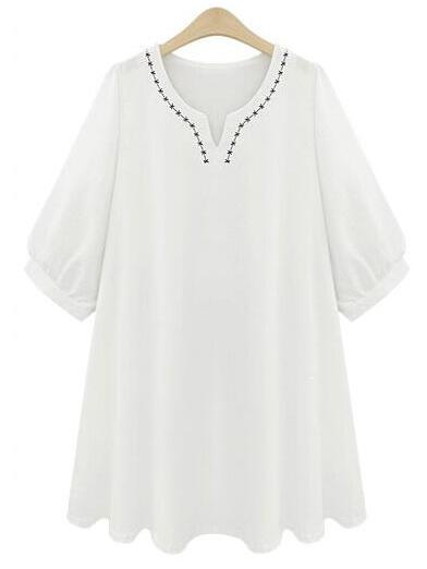 Romwe White Embroidery Puff Sleeve Shift Dress