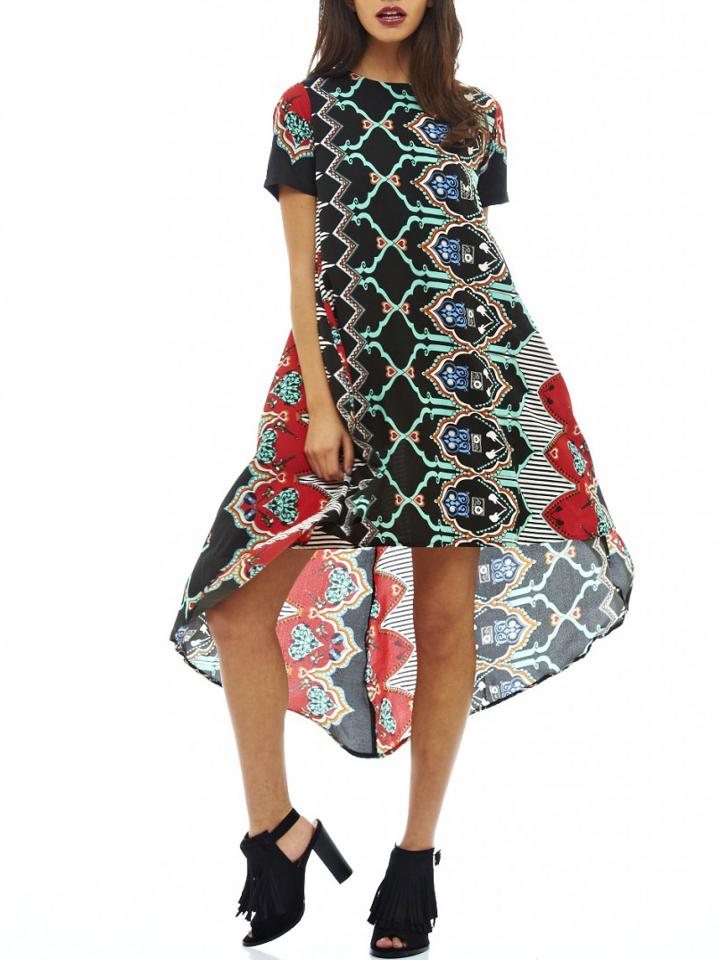 Romwe Crew Neck Aztec Print Dip Hem Dress