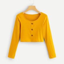 Romwe Button Through Ribbed Crop Tee