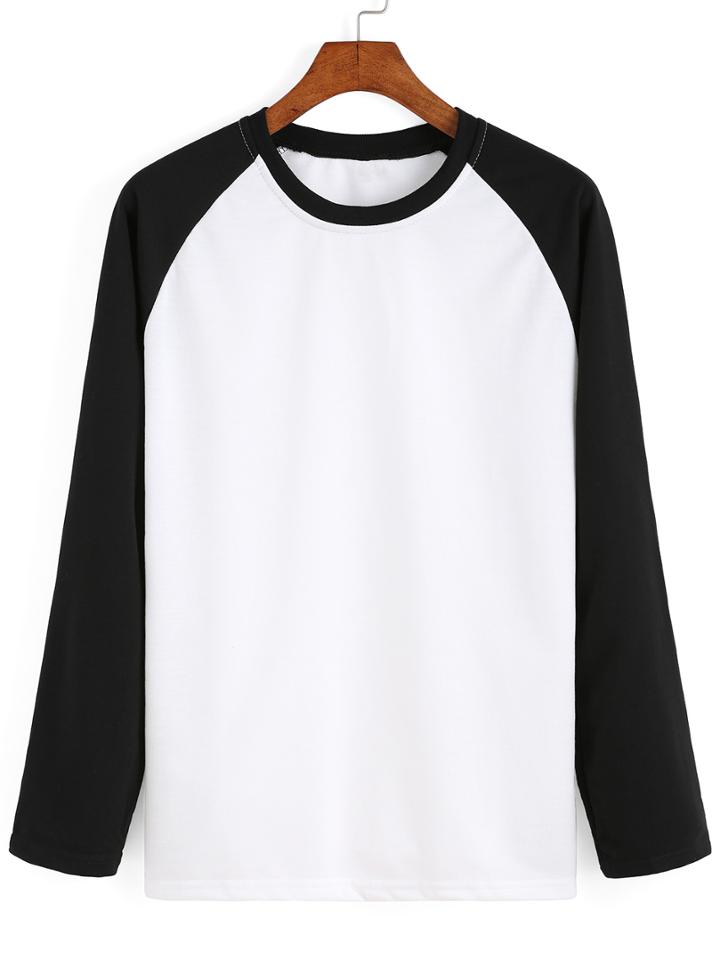 Romwe Round Neck Contrast Sleeve Black White Sweatshirt