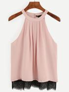 Romwe Pink Contrast Lace Trim Pleated Halter Neck Top