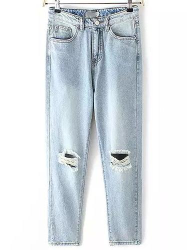 Romwe Blue Ripped Pockets Denim Pant