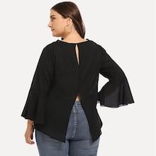 Romwe Plus Flounce Sleeve Split Back Blouse
