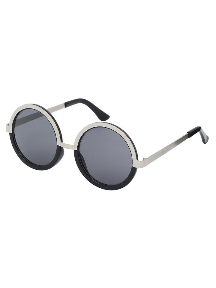 Romwe Black Metallic Frame Grey Lenses Round Sunglasses