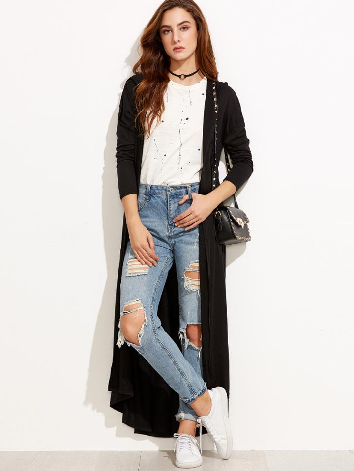 Romwe Black Drop Shoulder Maxi Hooded Coat