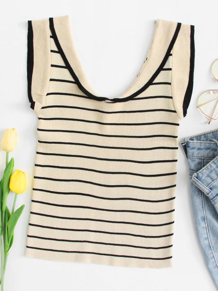 Romwe Scoop Neck Striped Knit Top