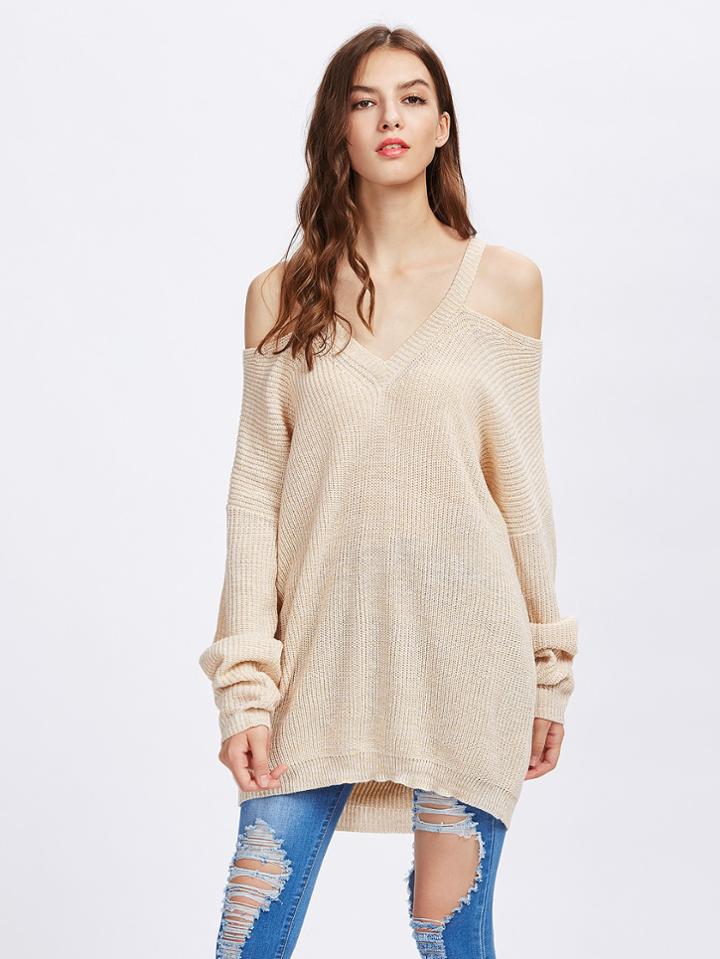 Romwe Cold Shoulder Loose Fit Longline Jumper