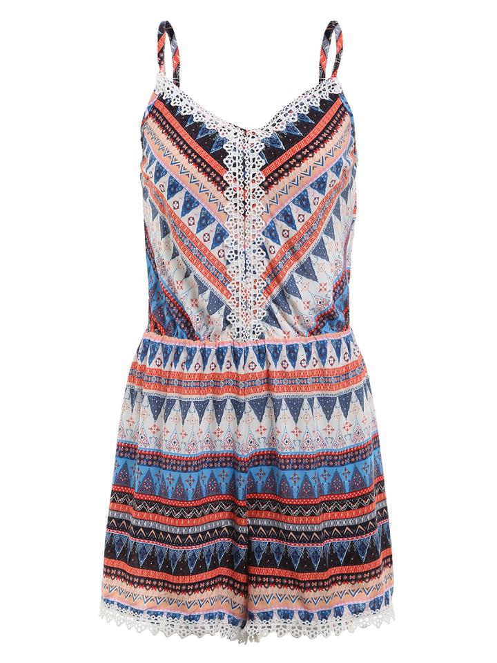 Romwe Lace Trimmed Tribal Print Cami Romper