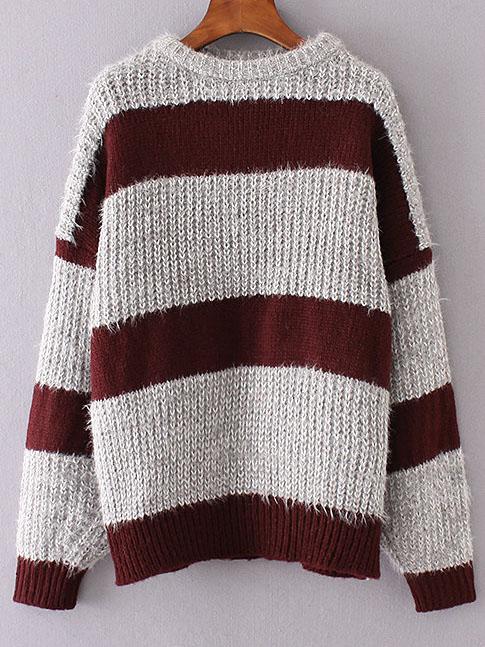 Romwe Burgundy Striped Drop Shoulder Sweater