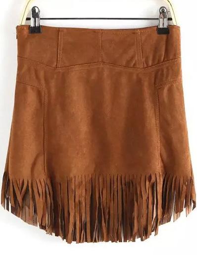 Romwe Suede Tassel Khaki Skirt