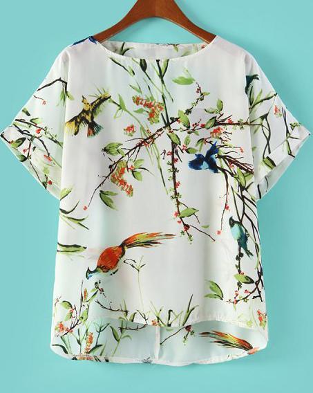 Romwe Cut Out Back Bird With Tree Print Blouse