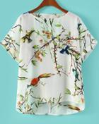 Romwe Cut Out Back Bird With Tree Print Blouse