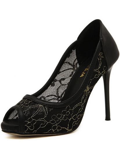 Romwe Black Lace High Heeled Peep Toe Pumps