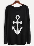 Romwe Black Anchor Print Raglan Sleeve Sweater
