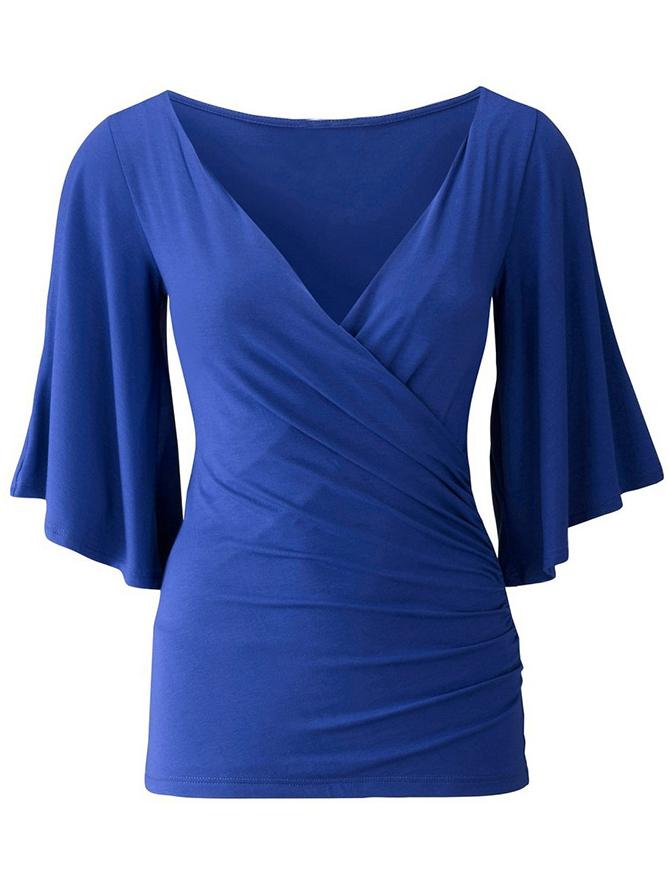 Romwe Deep V Neck Slit Blue T-shirt