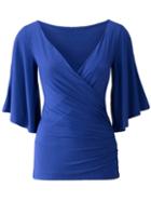 Romwe Deep V Neck Slit Blue T-shirt